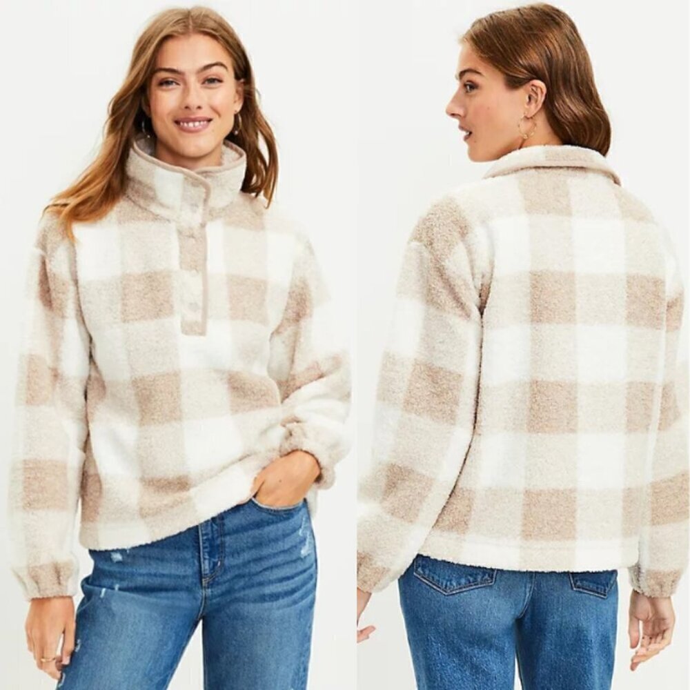 LOFT Petite Plaid Sherpa Snap Collar Top Beige